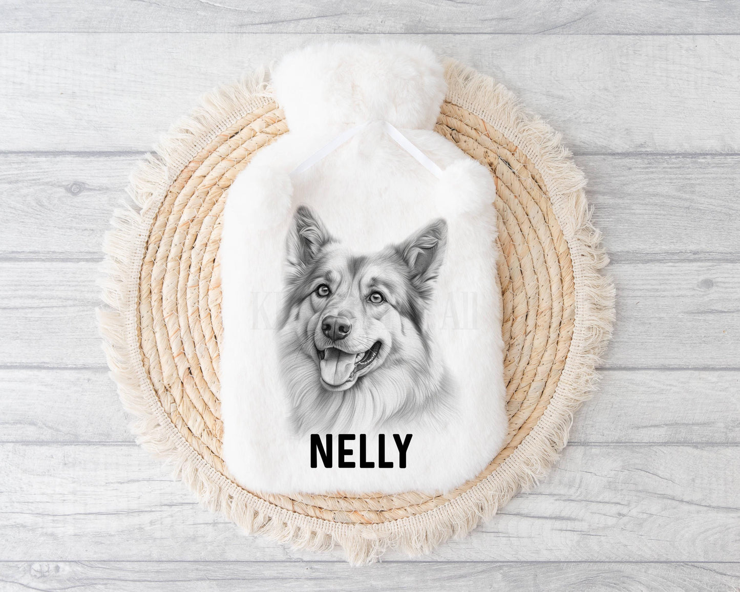 Personalized Light German Shepherd Hot Water Bottle with Pom Poms