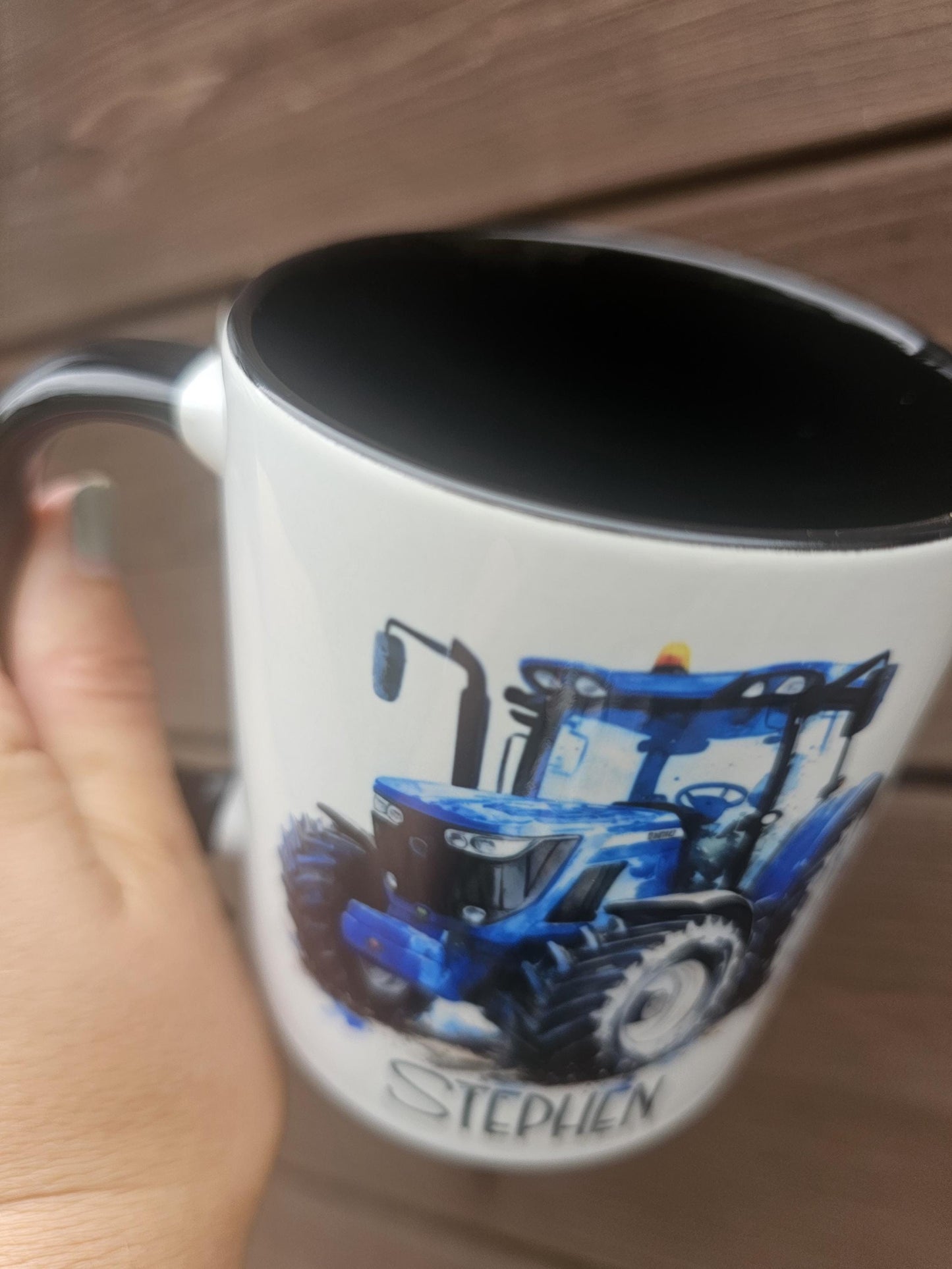 Personalised Blue Tractor Mug & Coaster Set: Farmer Gift, Black Handle