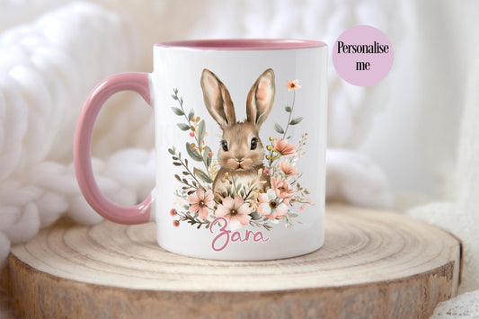 Personalised Rabbit Mug, Rabbit Lover Gifts, Floral Bunny Mug & Coaster, Gifts For Girls