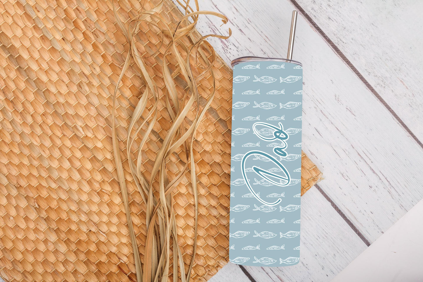 Blue & White Tumbler, Fish Pattern Bottle, Personalised 20oz Tumbler With Box And Aluminium Straw, Sardine Gifts