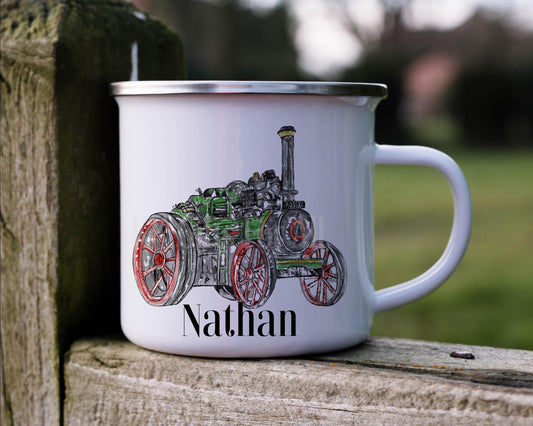 Personalised Steam Engine Mug, Vintage Traction Engine Gift, Metal Enamel Outdoor Mug, Gift For Dad Grandad