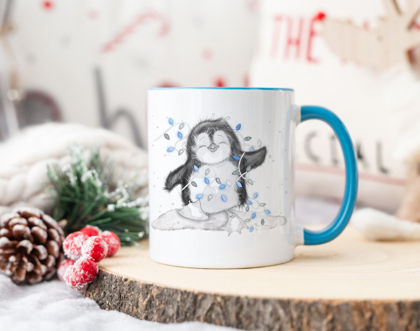 Personalised Blue Christmas Penguin Mug, Sketch Penguin With Xmas Lights, Christmas Hot Choc Mug