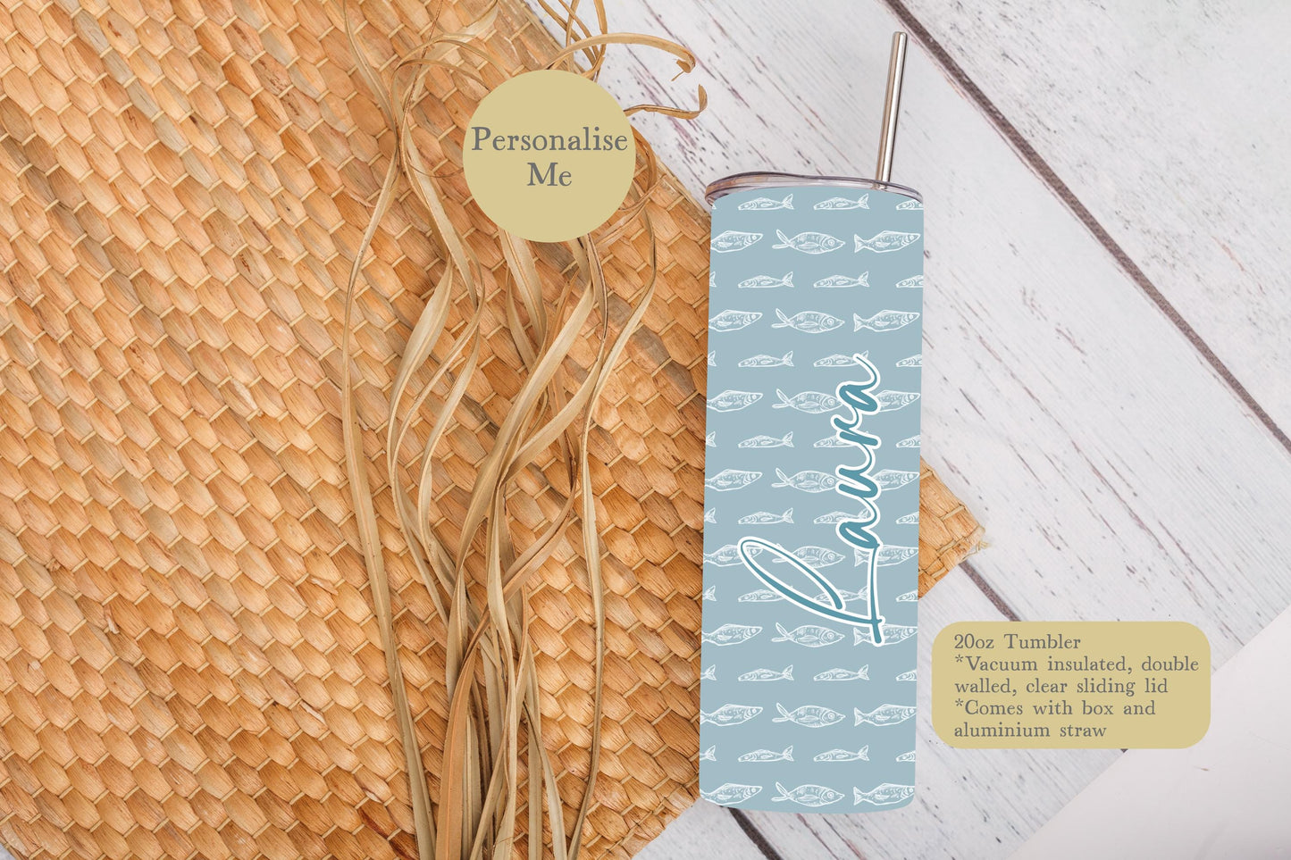 Blue & White Tumbler, Fish Pattern Bottle, Personalised 20oz Tumbler With Box And Aluminium Straw, Sardine Gifts