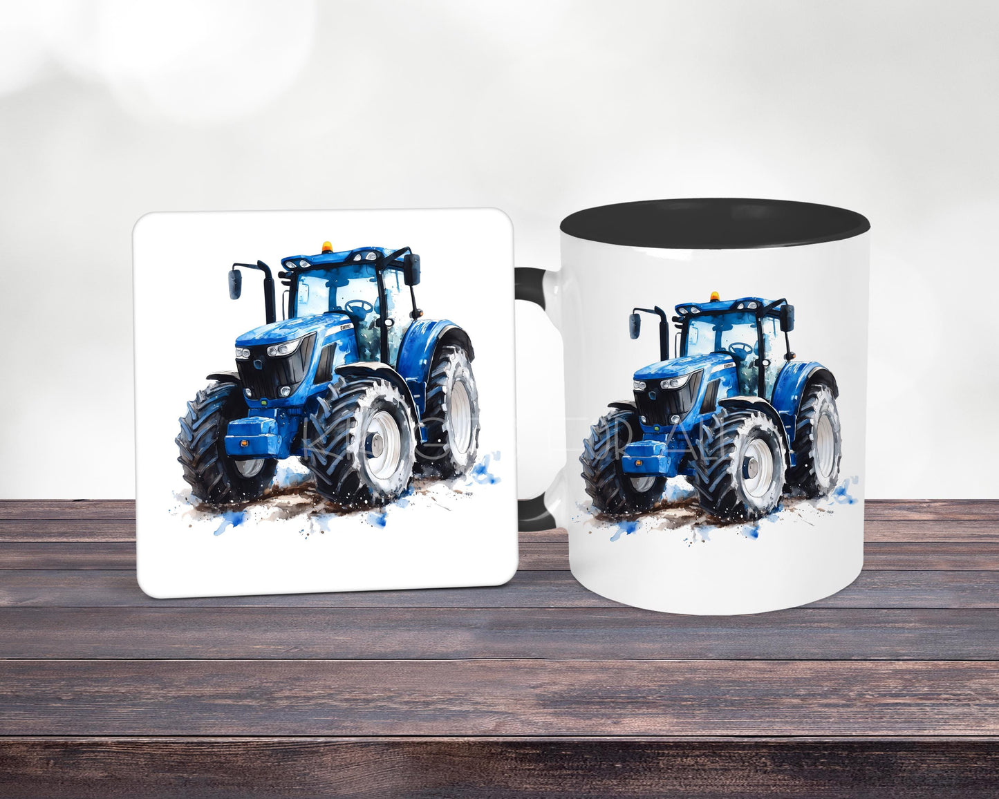 Personalised Blue Tractor Mug & Coaster Set: Farmer Gift, Black Handle