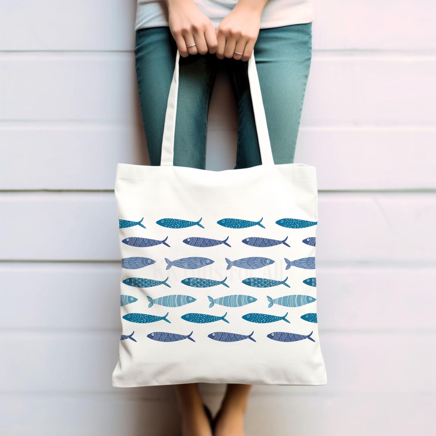 Personalised Sardine Fish Tote Bag, Long Handle Reusable Shopper, Maritime Theme Gift