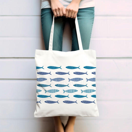 Personalised Sardine Fish Tote Bag, Long Handle Reusable Shopper, Maritime Theme Gift