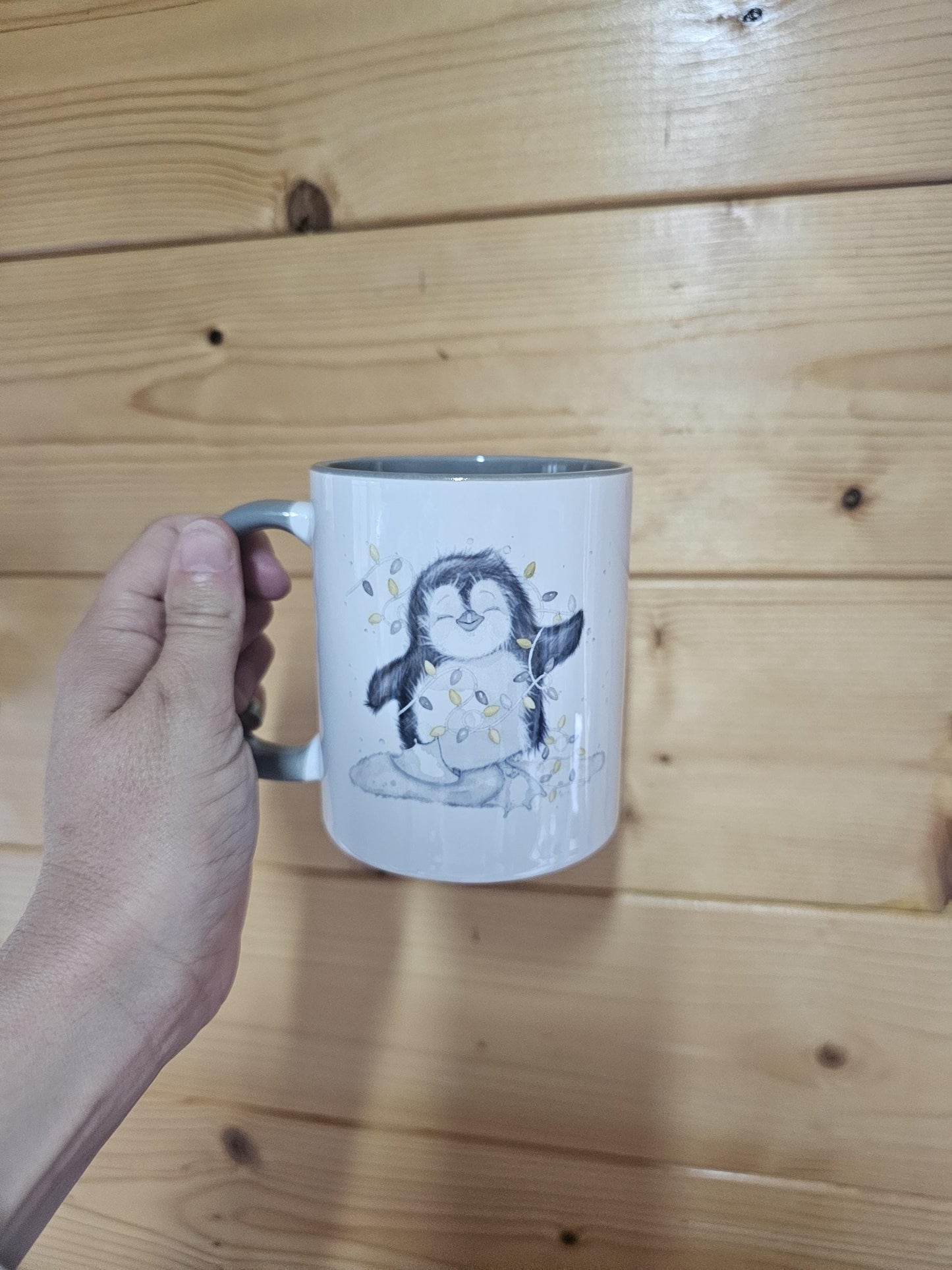 Personalised Christmas Penguin Mug, Sketch Penguin With Xmas Lights, Christmas Hot Choc Mug