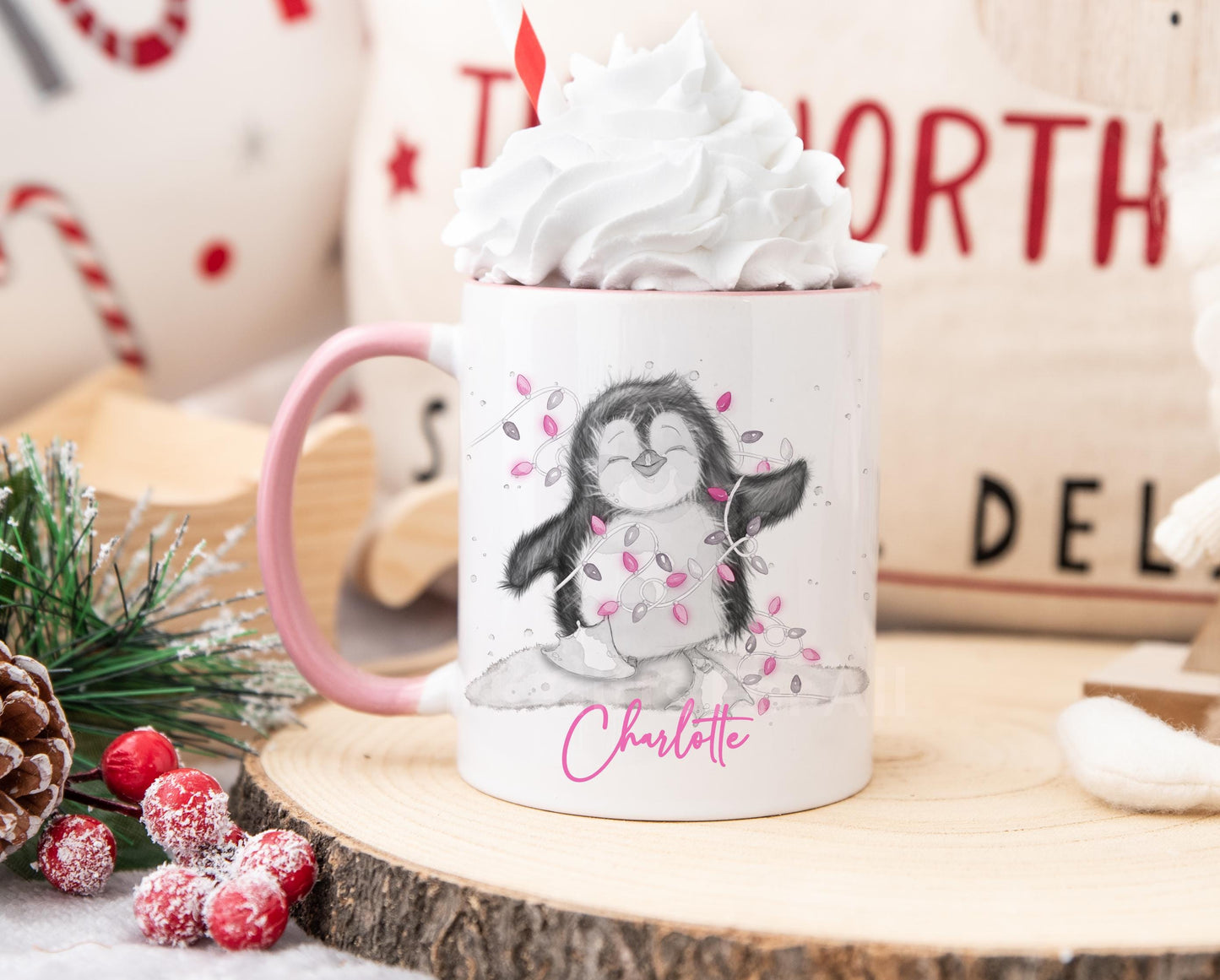 Personalised Christmas Pink Penguin Mug, Sketch Penguin With Xmas Lights, Christmas Hot Choc Mug