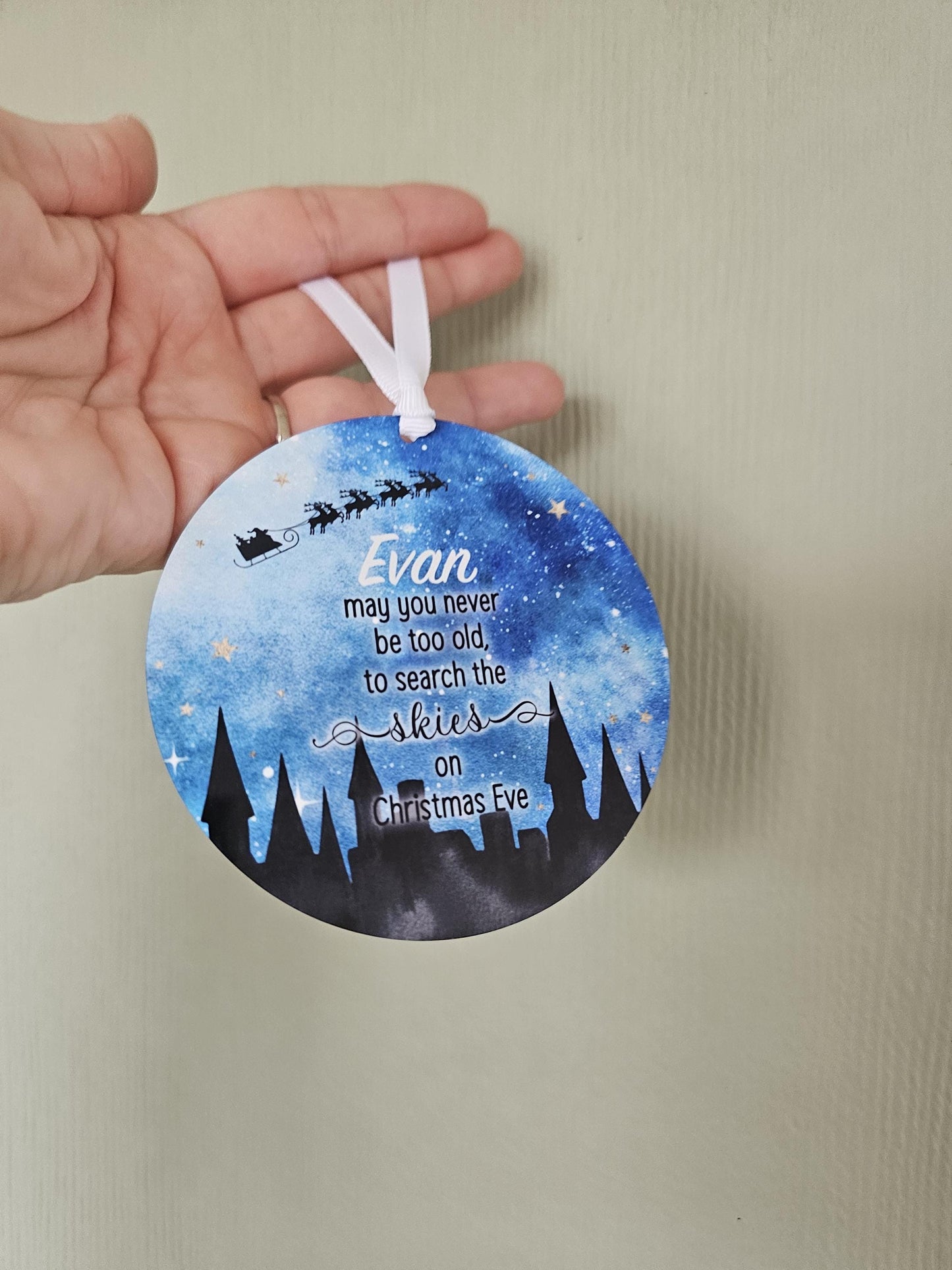 Personalised Christmas Tree Decoration, Christmas Hanging Ornament, Metal Tree Decoration, Search The Sky On Xmas Eve, Xmas Nightfall, Blue