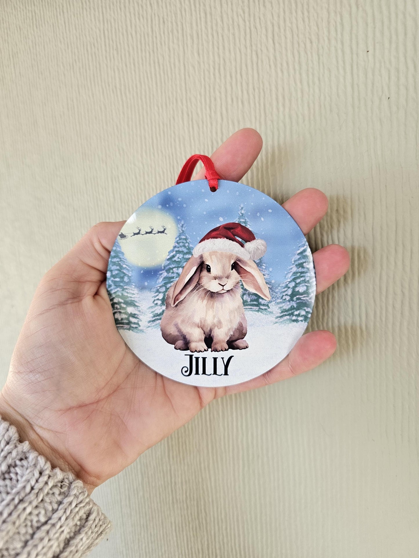 Personalised Christmas Bunny Rabbit Tree Decoration, Rabbit Metal Christmas Hanging Ornament