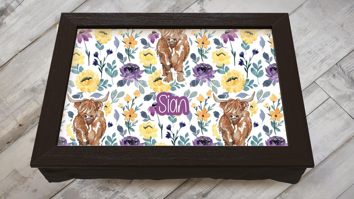 Highland Cow Pattern Lap Tray, Personalised Highland Cow Gifts, Floral Highland Cow Gifts