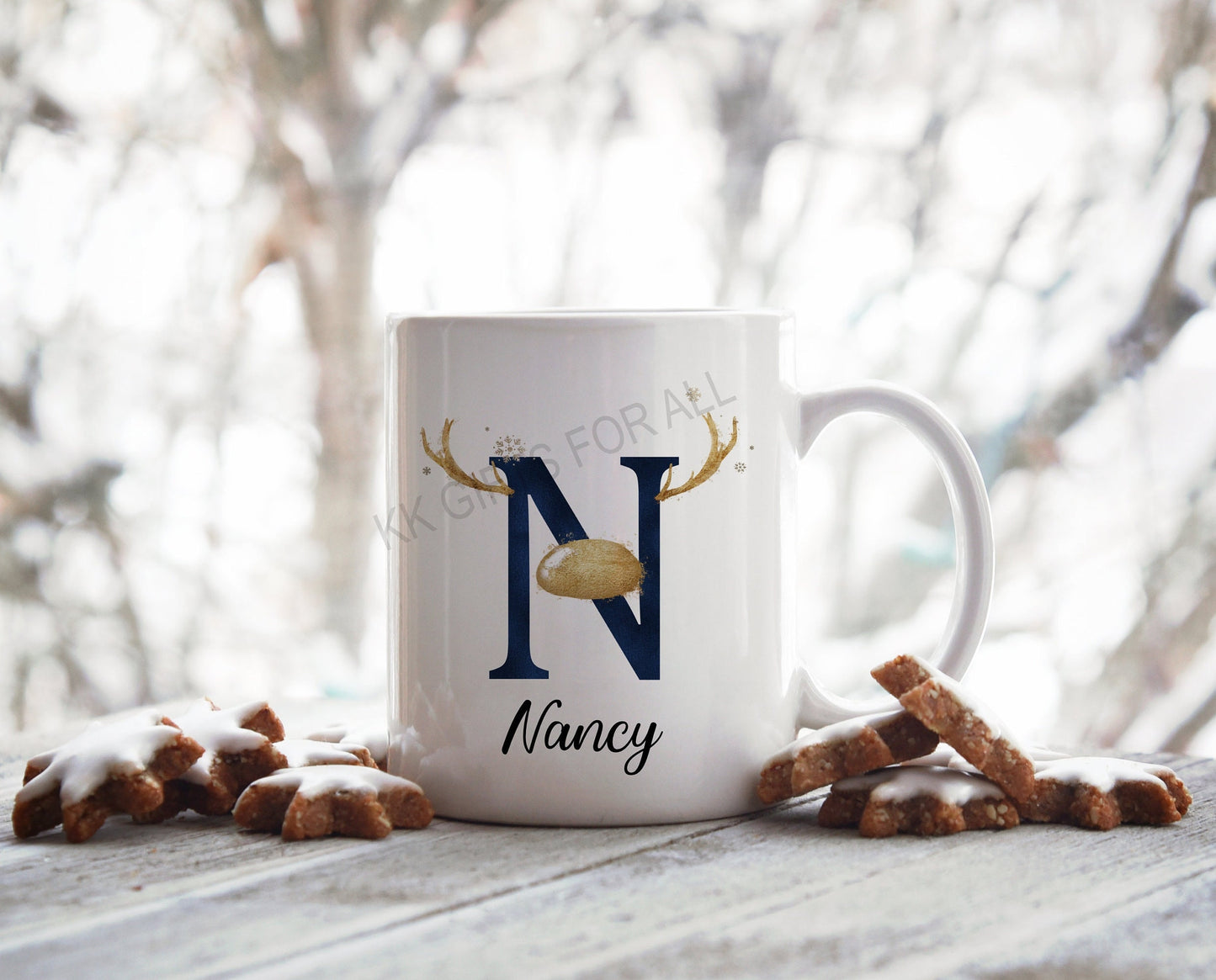 Christmas Mug, Personalised Name And Initial, Antler Initial Design Mug, Hot Chocolate Mug, Xmas Eve Box Mug, Christmas Movie Mug, Cute Xmas