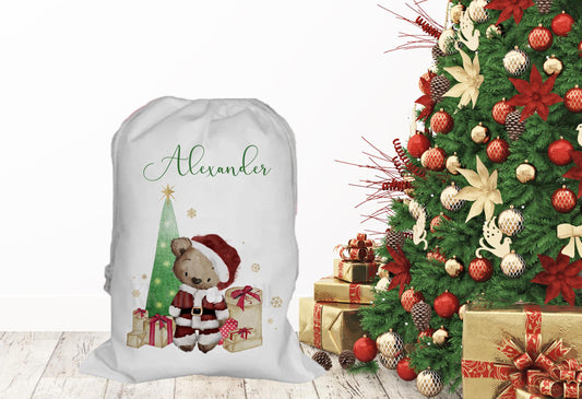 Personalised Father Christmas Santa Sack, Large Christmas Sack, Christmas Present Bag, Christmas Bear Santa Sack
