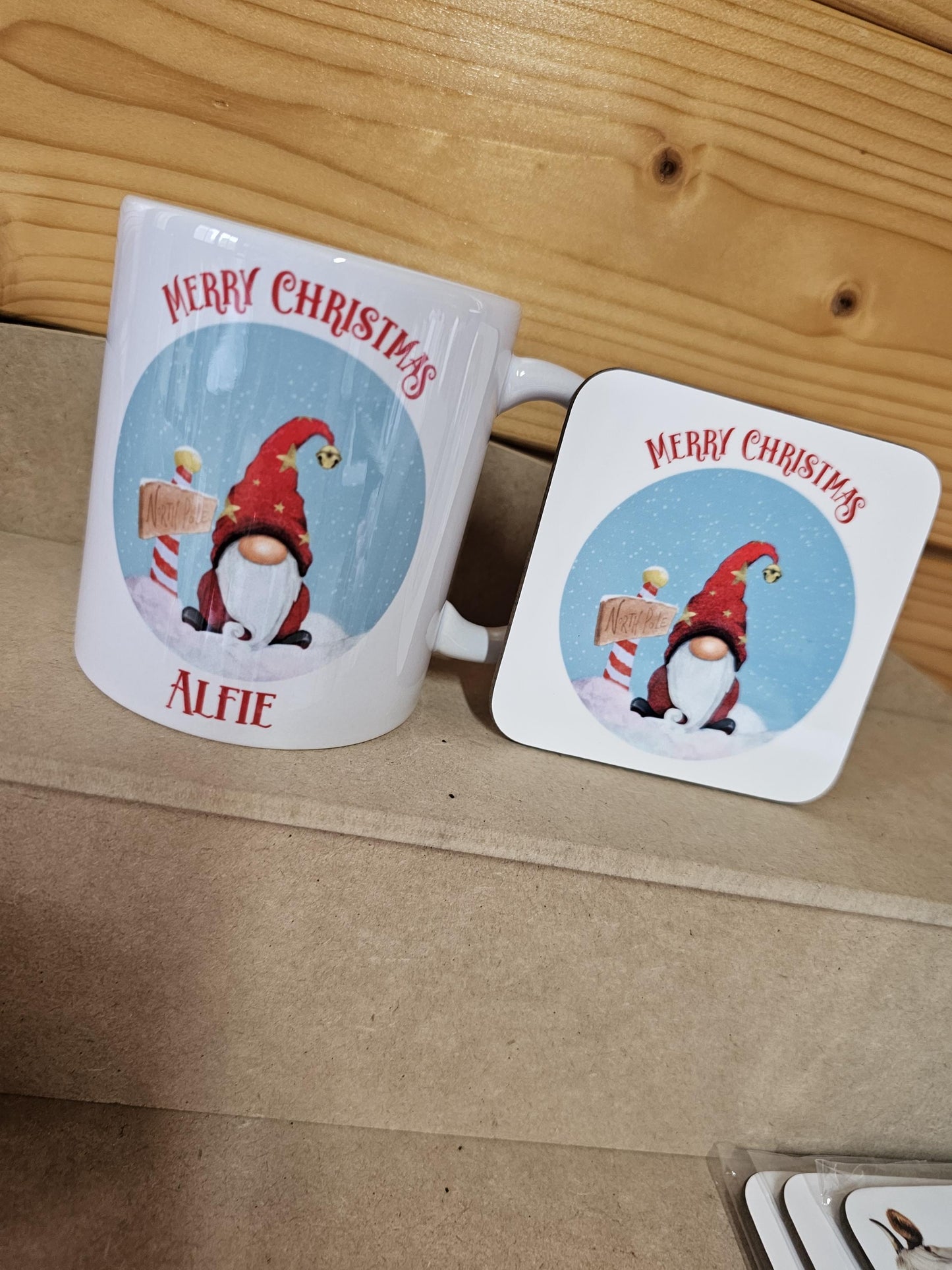 Personalised Red Gonk Mug & Coaster, Red Male Gnome Mug, Christmas Hot Chocolate Cocoa Mug, Red Xmas Gonk