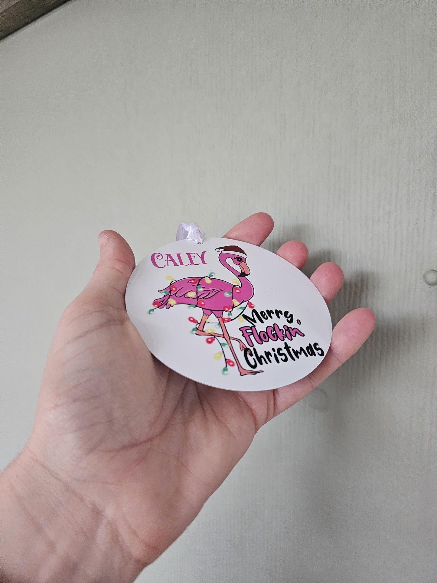 Personalised Christmas Tree Decoration, Metal Christmas Hanging Ornament, Merry Flocking Christmas, Xmas Flamingo