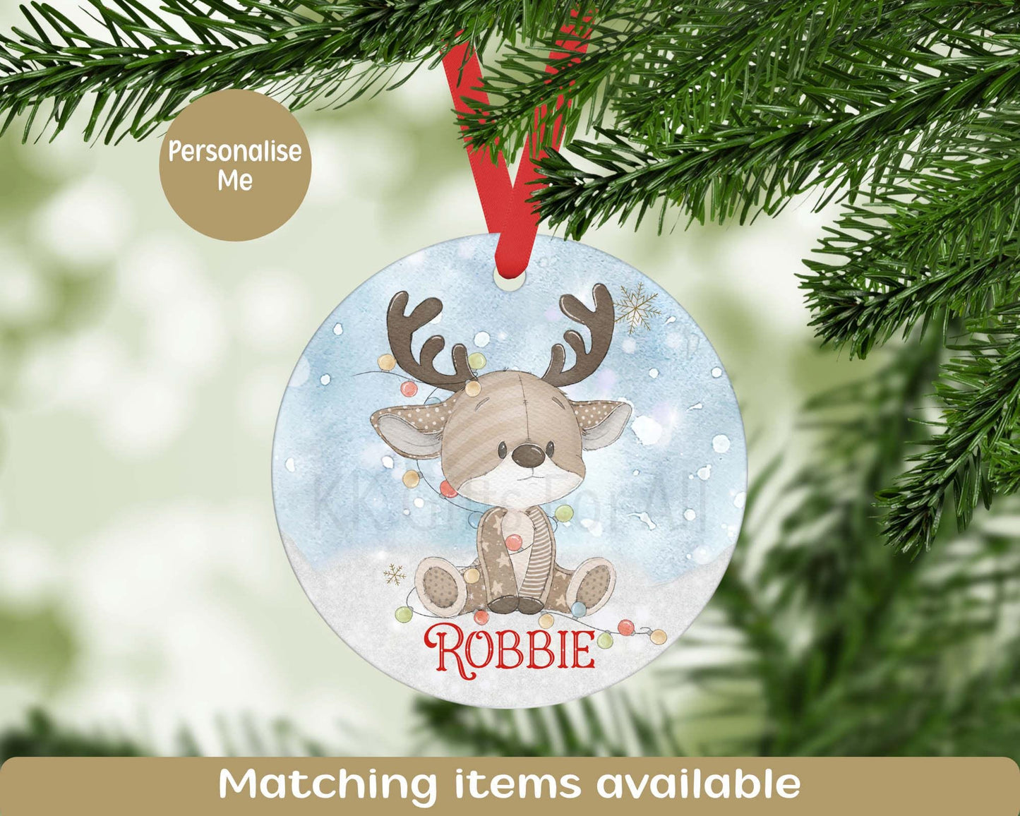 Personalised Reindeer Christmas Ornament, Aluminium Bauble, Keepsake Gift, Tree Decoration