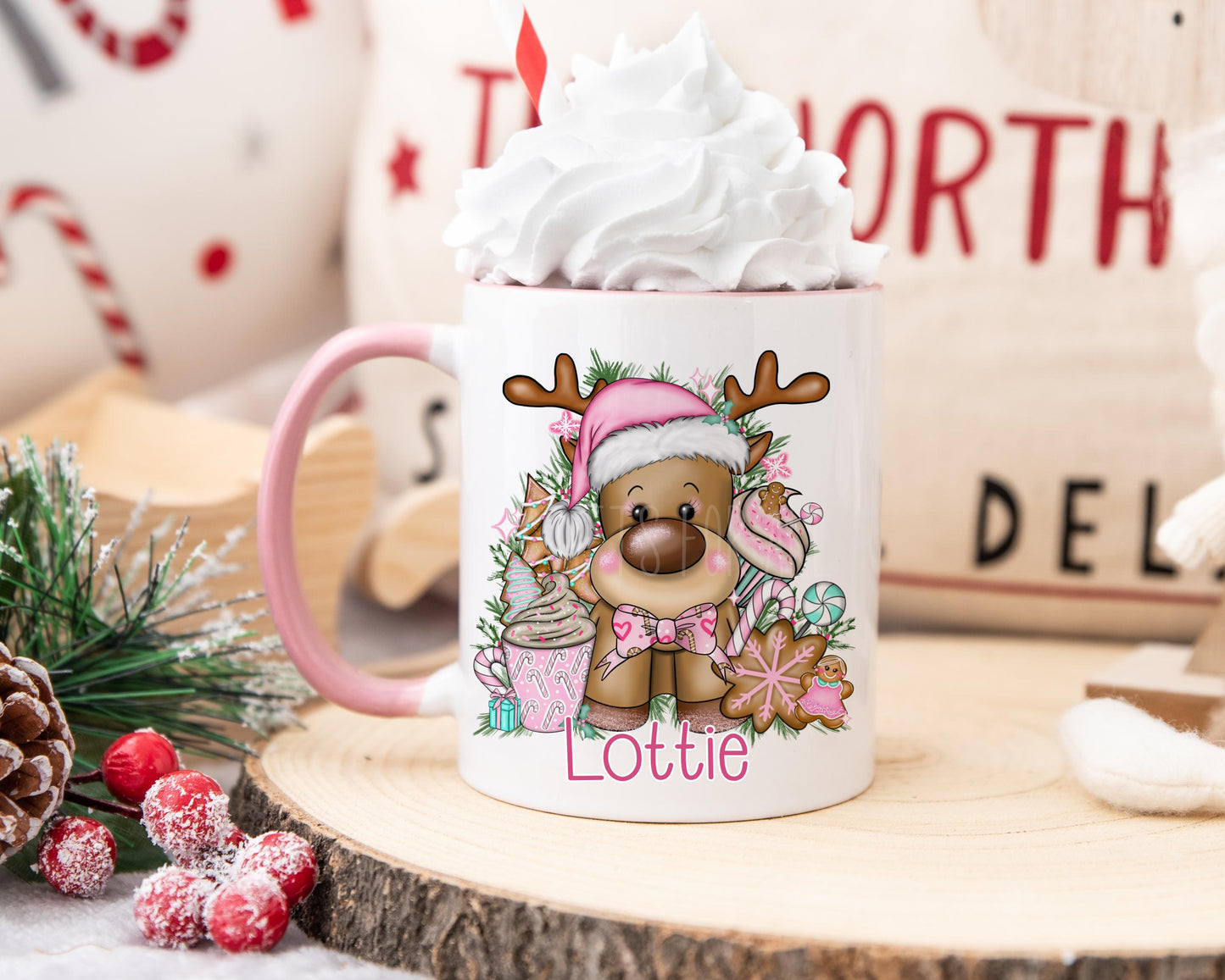 Personalised Pink Reindeer Cocoa Mug, Girls Christmas Mugs, Hot Chocolate Cocoa Cup