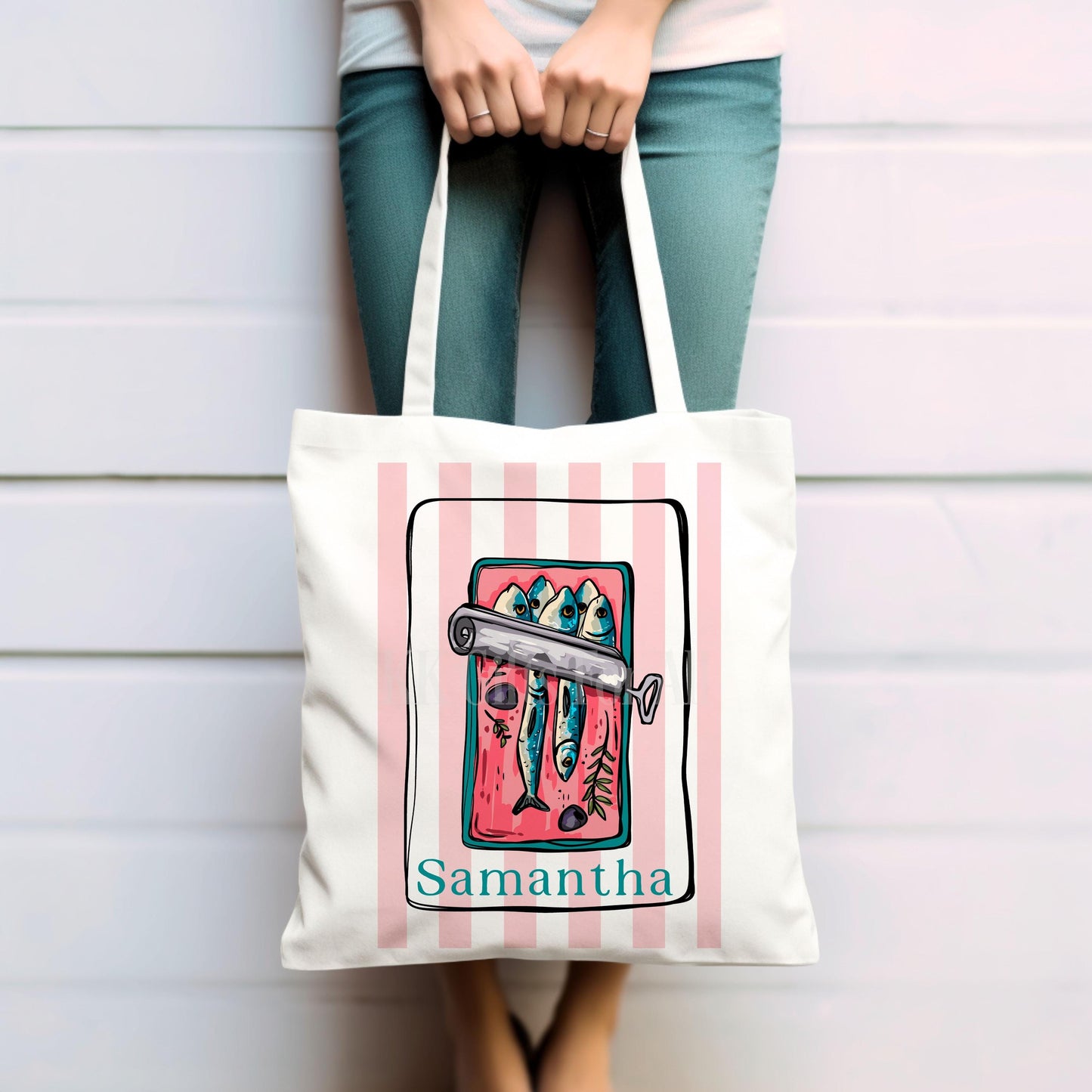 Personalised Sardine Tote Bag: Tinned Fish Gift, Long Handle