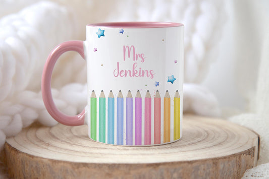 Personalised Rainbow Pencil Mug – Custom Name Teacher Gift – Back to School Mug – Kids Art Mug – Colourful Classroom Cup - Artist Gift Idea