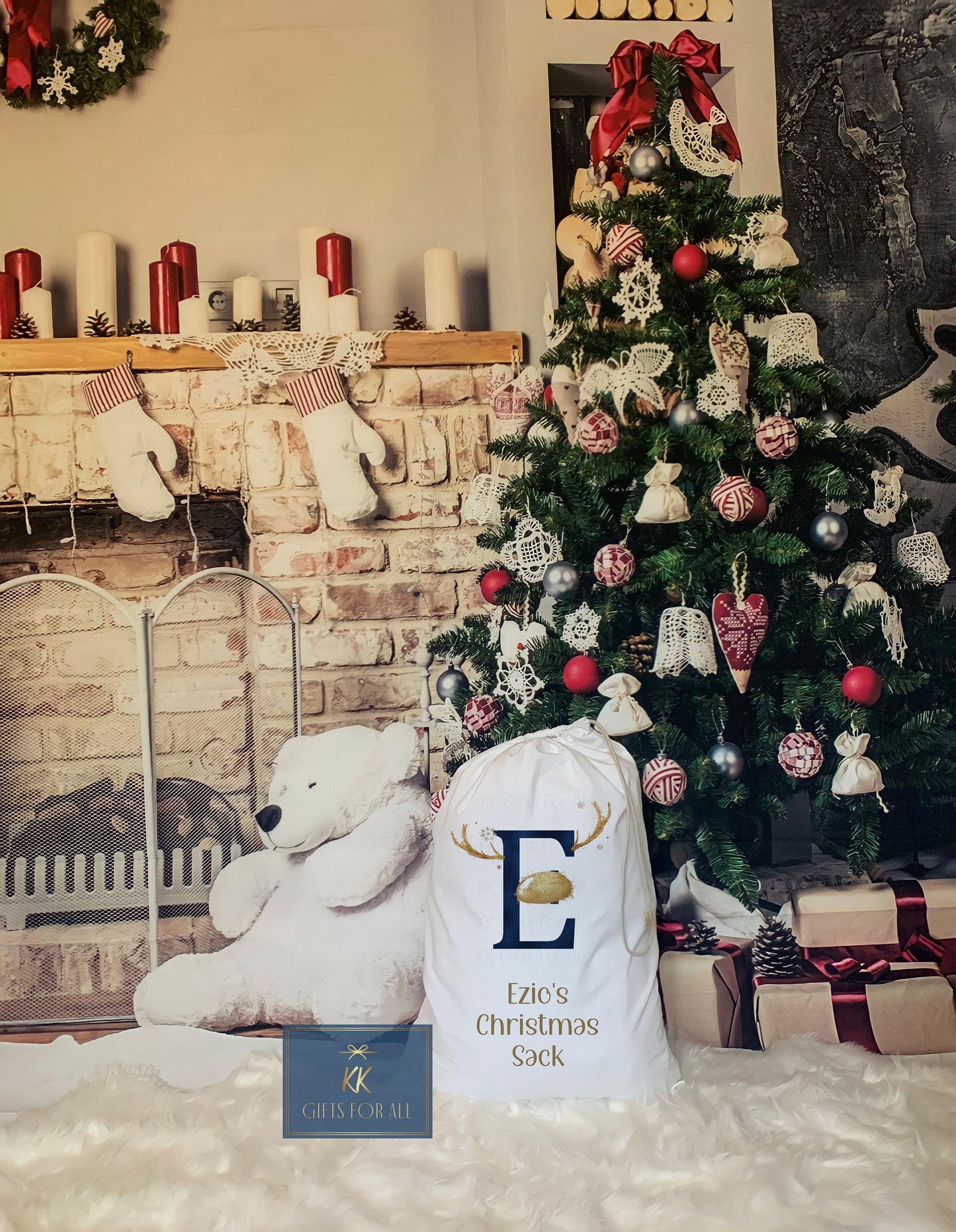 Antler Reindeer Personalised Christmas Sack, Large Father Christmas Sack, Navy Antler Initial