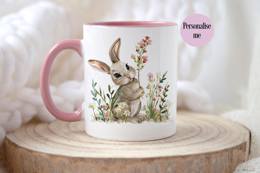 Personalised Rabbit Mug, Rabbit Lover Gifts, Floral Bunny Mug & Coaster, Mug For Girls Wife Mum
