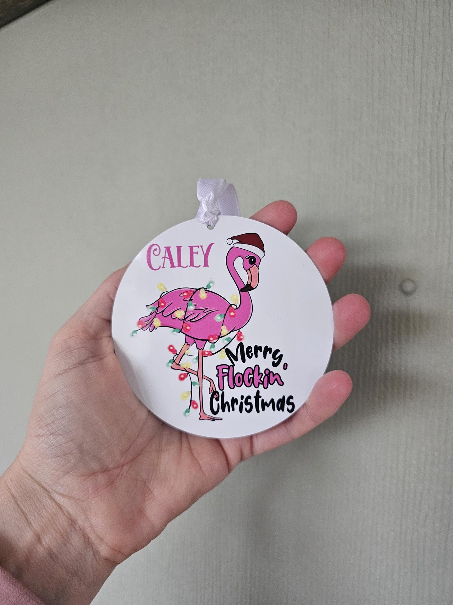 Personalised Christmas Tree Decoration, Metal Christmas Hanging Ornament, Merry Flocking Christmas, Xmas Flamingo