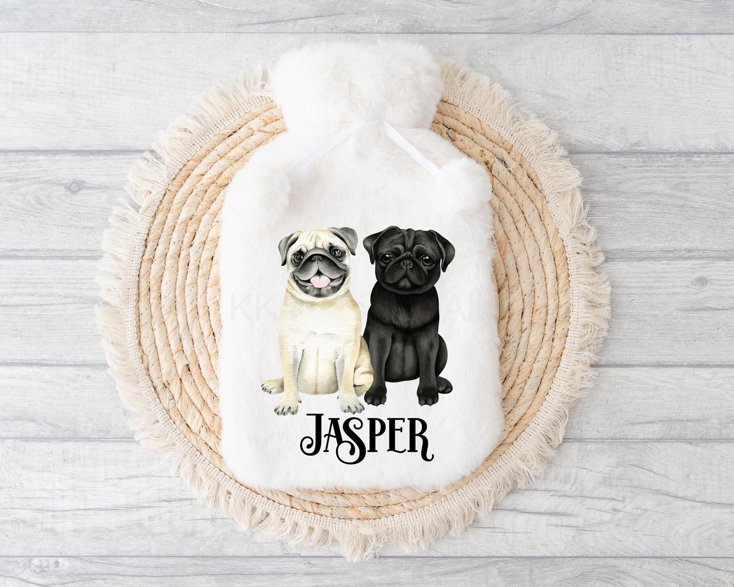 Black & Fawn Pug Hot Water Bottle, Personalised Dog Hot Water Bottle, Black Fawn Pug Gifts