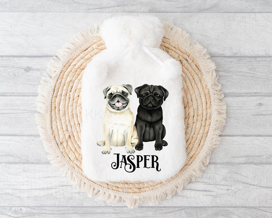 Black & Fawn Pug Hot Water Bottle, Personalised Dog Hot Water Bottle, Black Fawn Pug Gifts