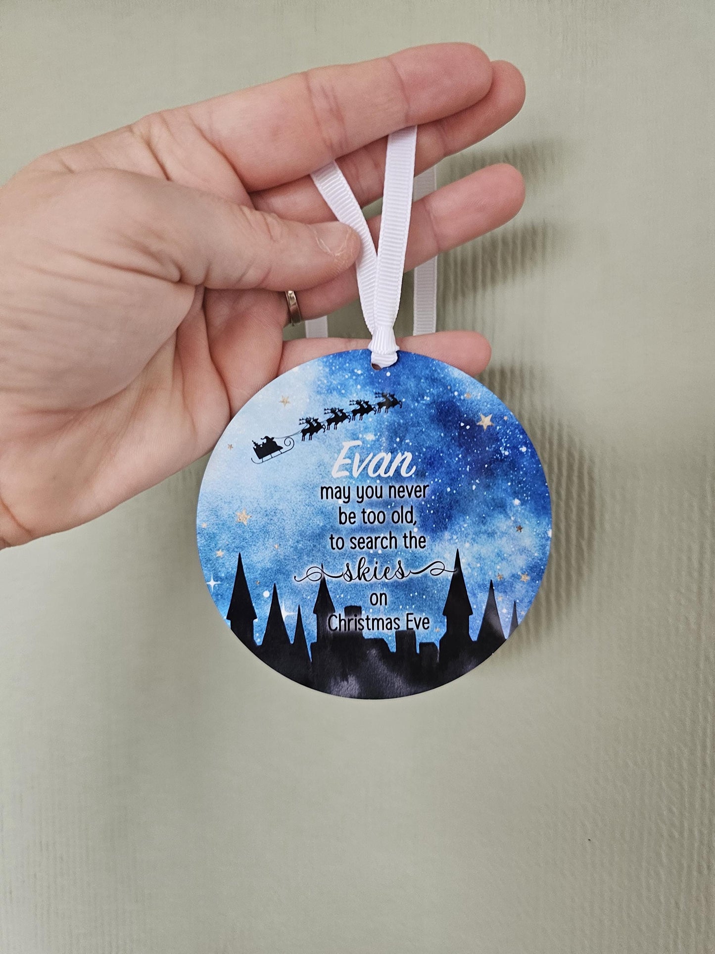 Personalised Christmas Tree Decoration, Christmas Hanging Ornament, Metal Tree Decoration, Search The Sky On Xmas Eve, Xmas Nightfall, Blue