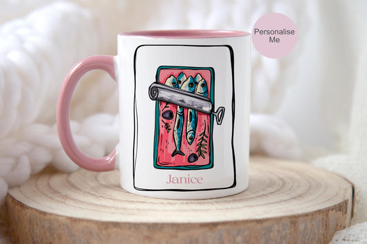 Personalised Pink Sardine Mug & Coaster: Tinned Fish Lover Gift