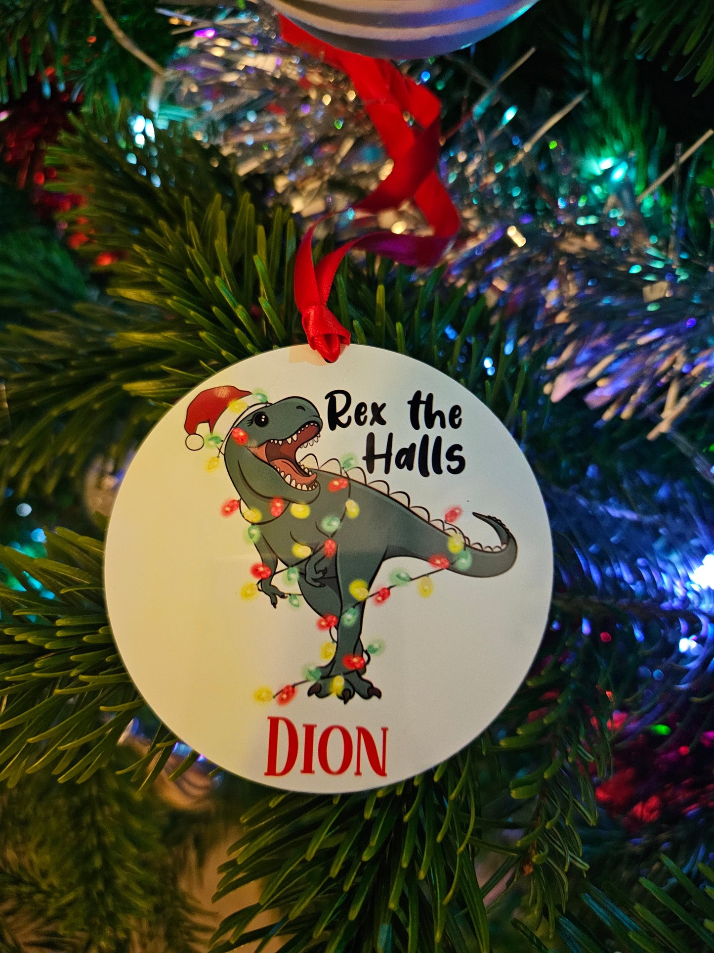 Personalised Dinosaur Christmas Tree Decoration, Christmas Hanging Ornament, Metal Tree Decoration
