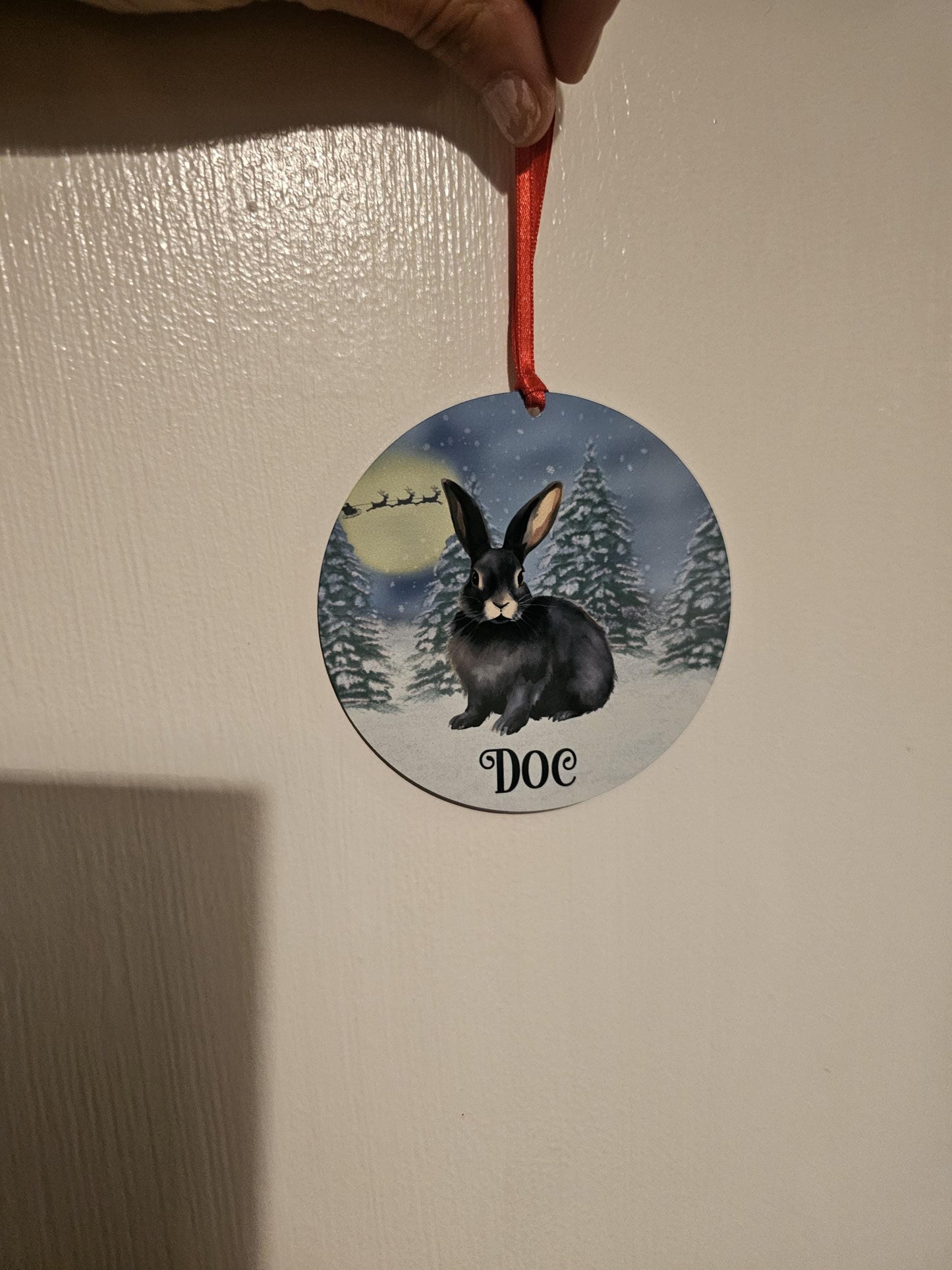 Personalised Christmas Black Bunny Rabbit Tree Decoration, Rabbit Metal Christmas Hanging Ornament