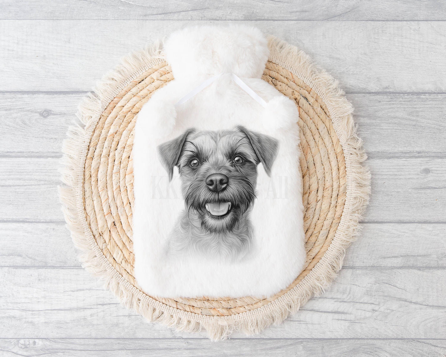 Personalizsed Border Terrier Hot Water Bottle with Pom Poms