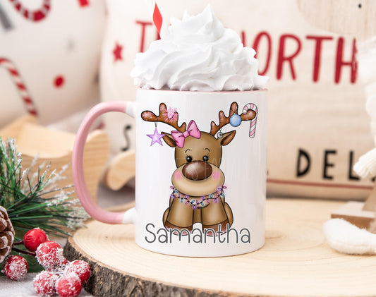 Personalised Pink Christmas Mug, Xmas Reindeer Mug, Girls Christmas Cocoa Mug