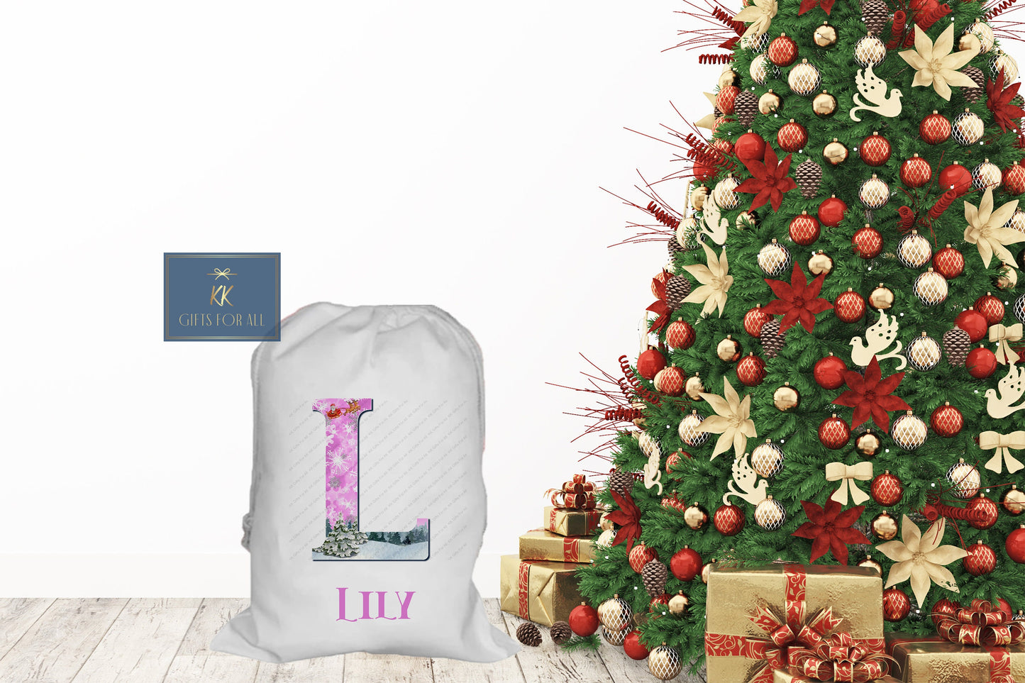 Personalised Father Christmas Santa Sack, Presents From Santa, Christmas Present Bag, Girls Pink Xmas Initial