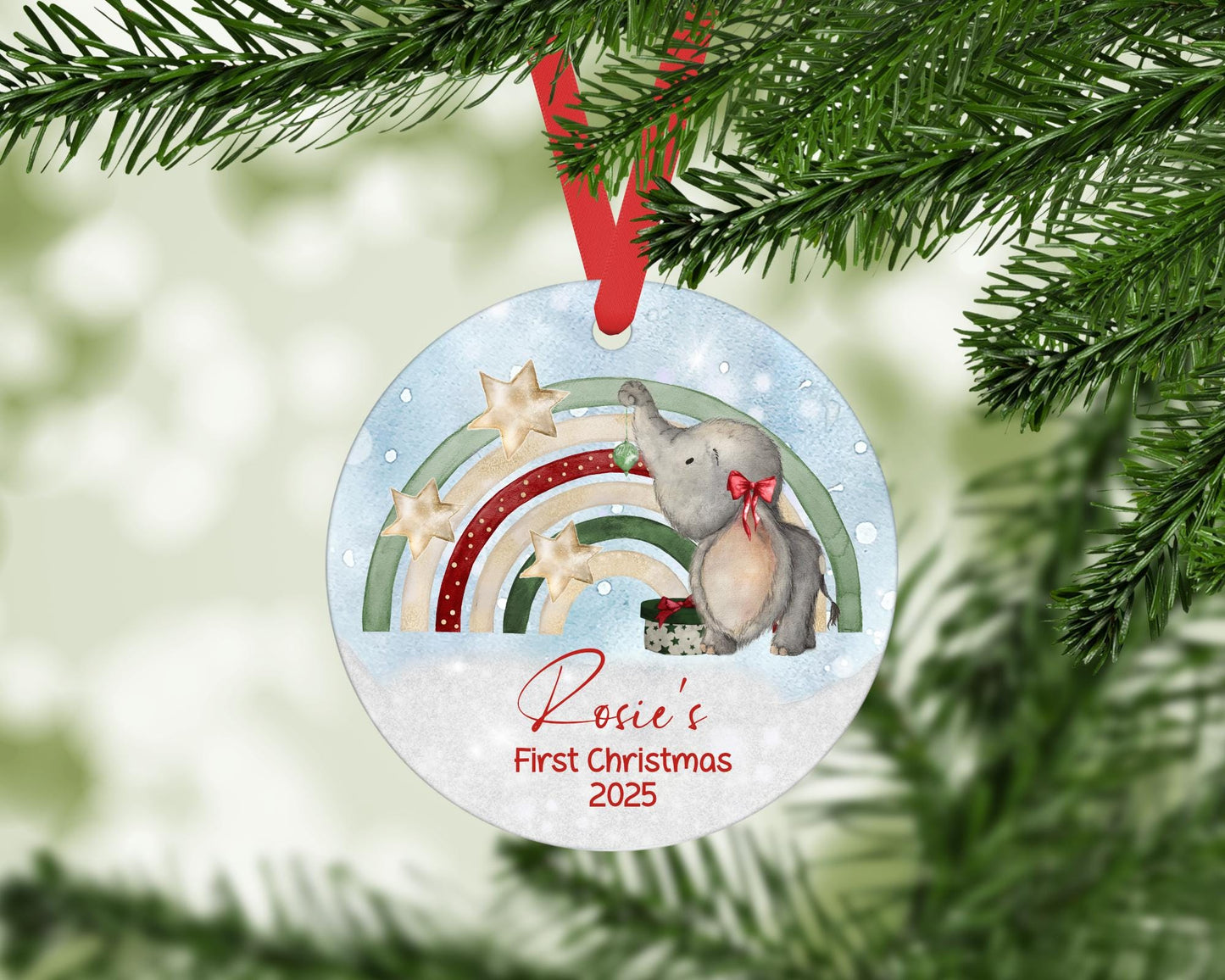 Personalised Baby's First Christmas Ornament 2025: Elephant & Rainbow Aluminium Holiday Decoration