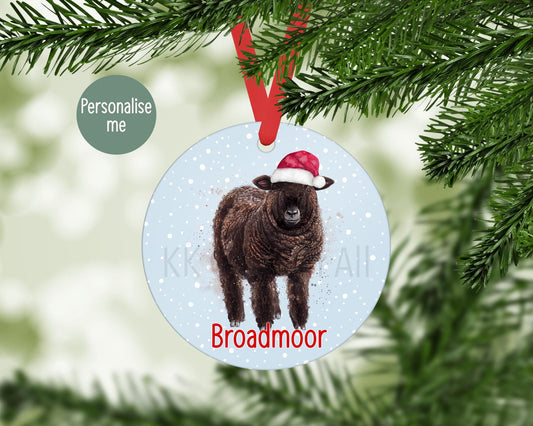 Ryeland Sheep Personalised Christmas Tree Decoration, Coloured Ryeland Christmas Hanging Ornament