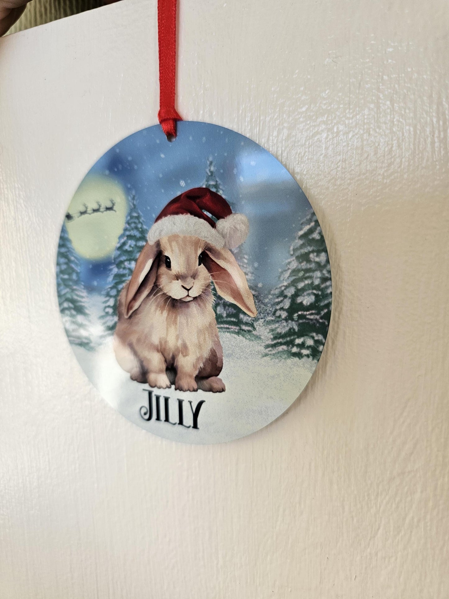 Personalised Christmas Bunny Rabbit Tree Decoration, Rabbit Metal Christmas Hanging Ornament