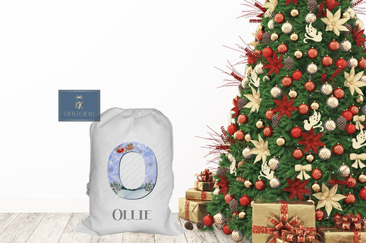 Christmas Santa Sack, Personalised Father Christmas Drawstring Bag, Initial Name Large Santa Sack