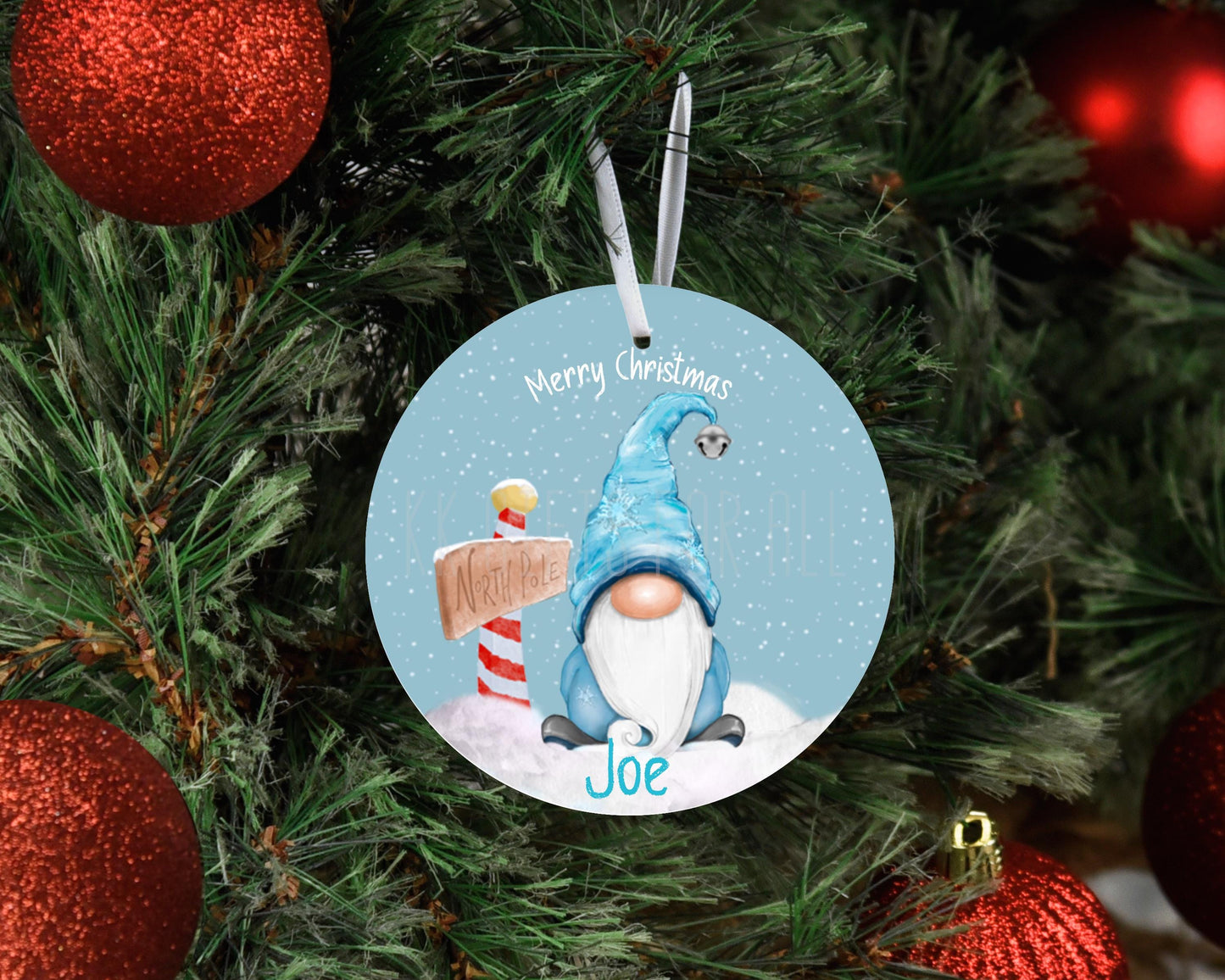 Personalised Gonk Christmas Metal Tree Decoration, Christmas Hanging Ornament, Blue Xmas Gnome,