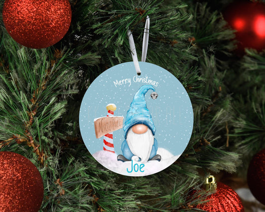 Personalised Gonk Christmas Metal Tree Decoration, Christmas Hanging Ornament, Blue Xmas Gnome,