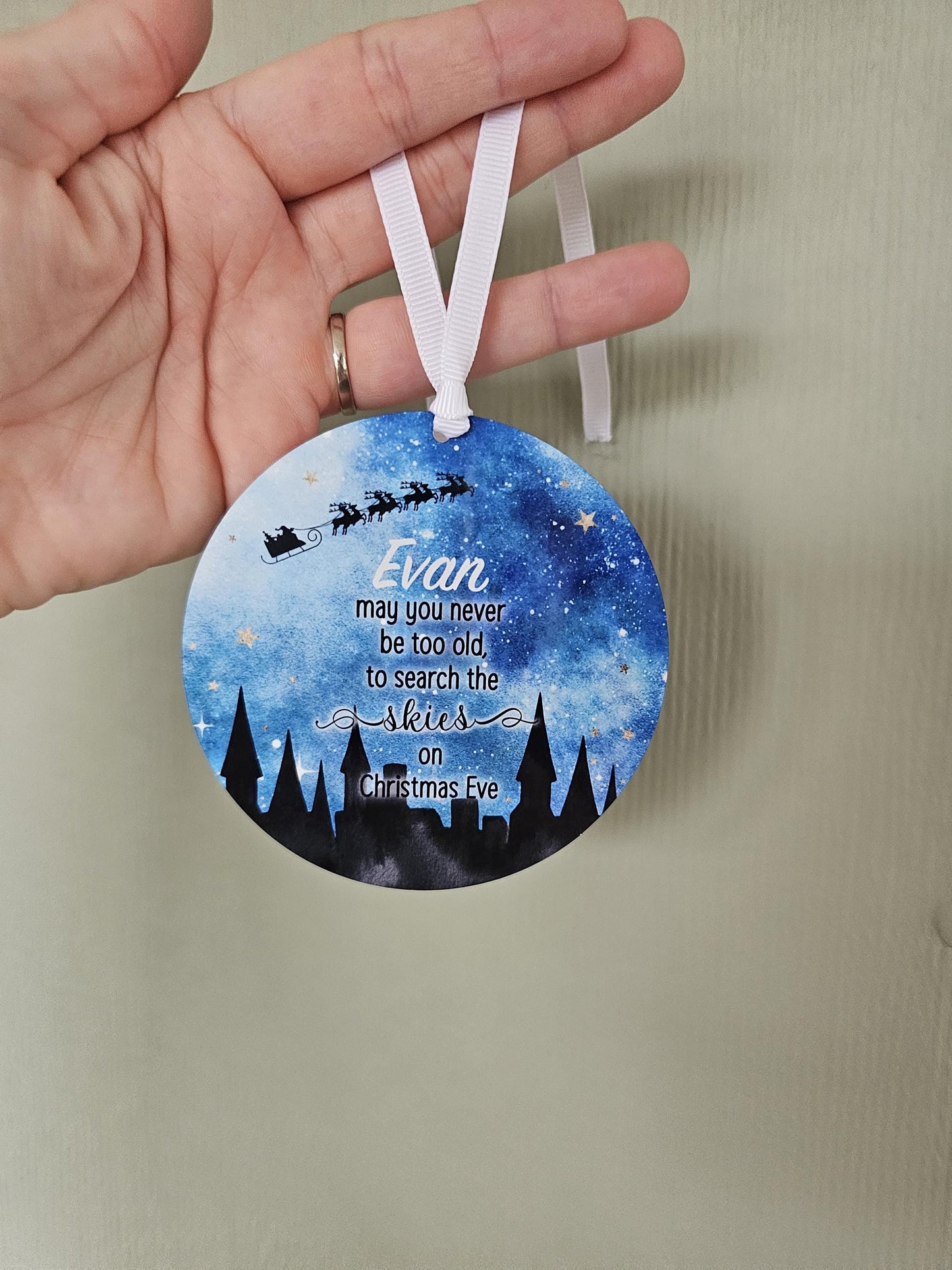 Personalised Christmas Tree Decoration, Christmas Hanging Ornament, Metal Tree Decoration, Search The Sky On Xmas Eve, Xmas Nightfall, Blue