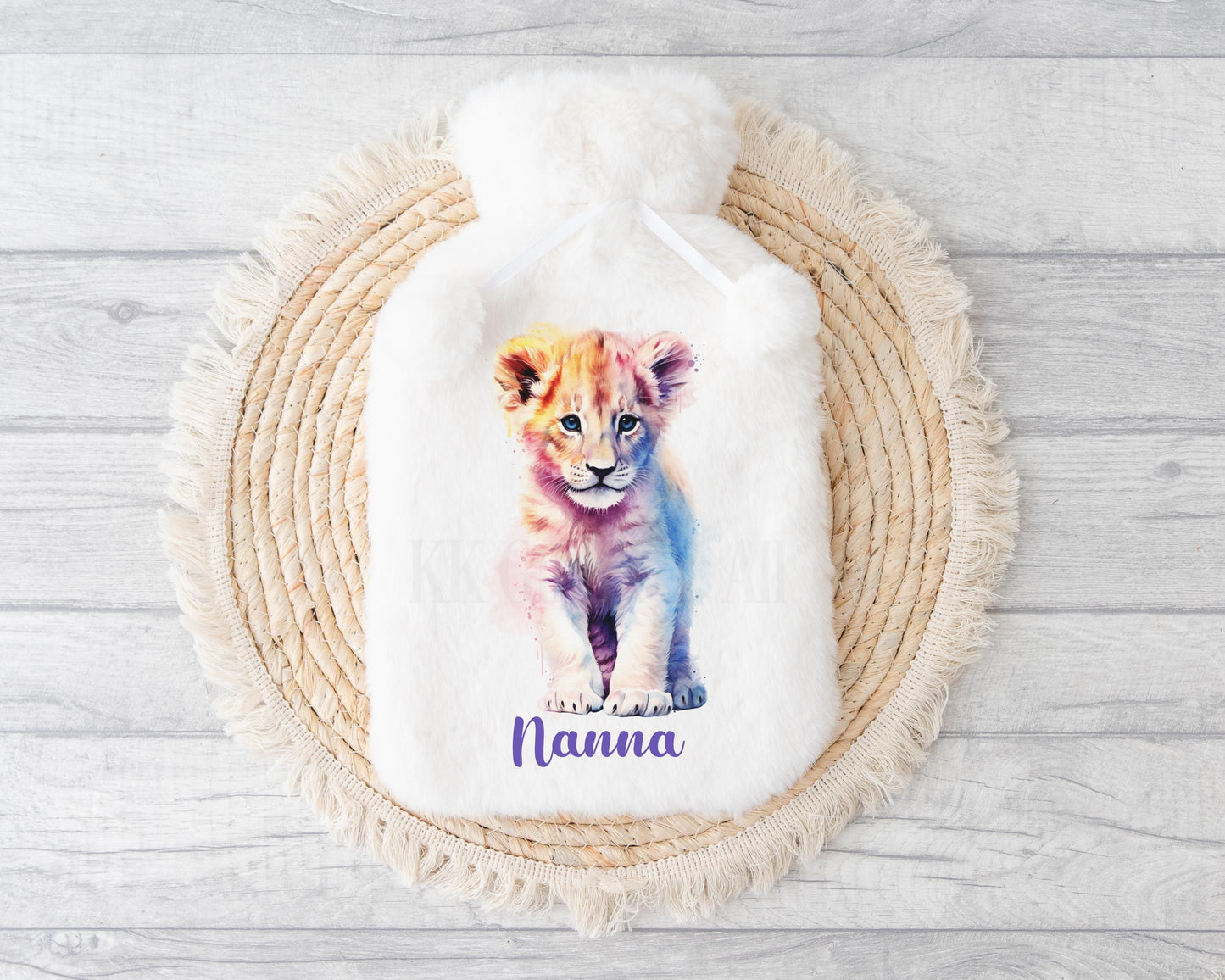 Watercolor Lion Hot Water Bottle,  Personalised Cub Lion Gift, Gifts For Mum Nan Grandma