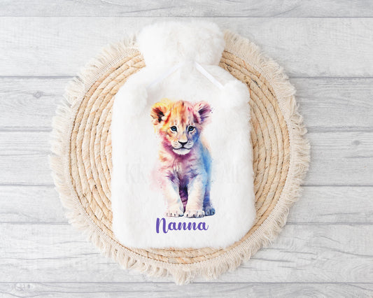 Watercolor Lion Hot Water Bottle,  Personalised Cub Lion Gift, Gifts For Mum Nan Grandma