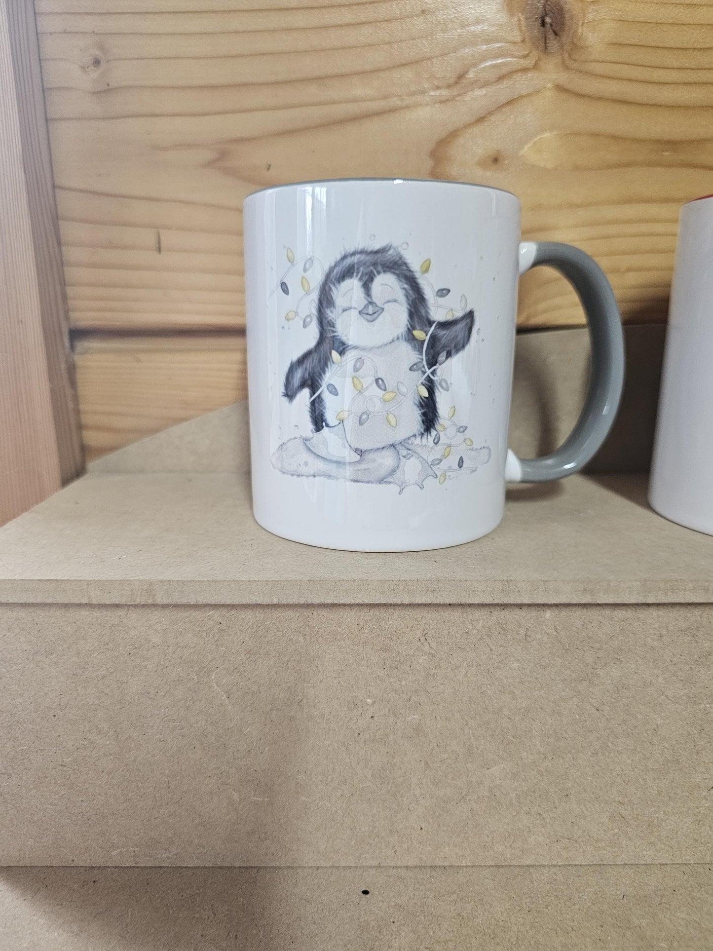 Personalised Christmas Penguin Mug, Sketch Penguin With Xmas Lights, Christmas Hot Choc Mug