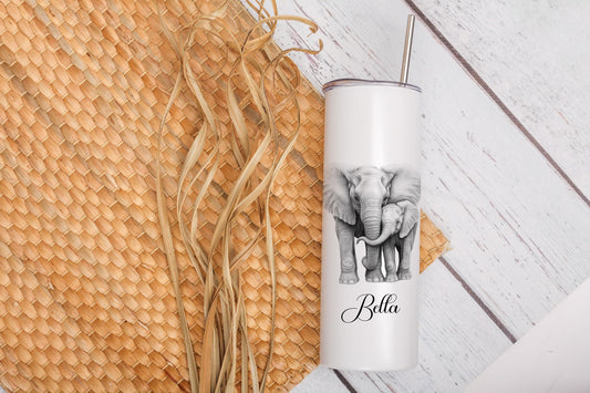 Personalised Elephant Tumbler, 20oz Tumbler With Box & Aluminium Straw, Elephant Gift For Her Mum Nan Sister Friend