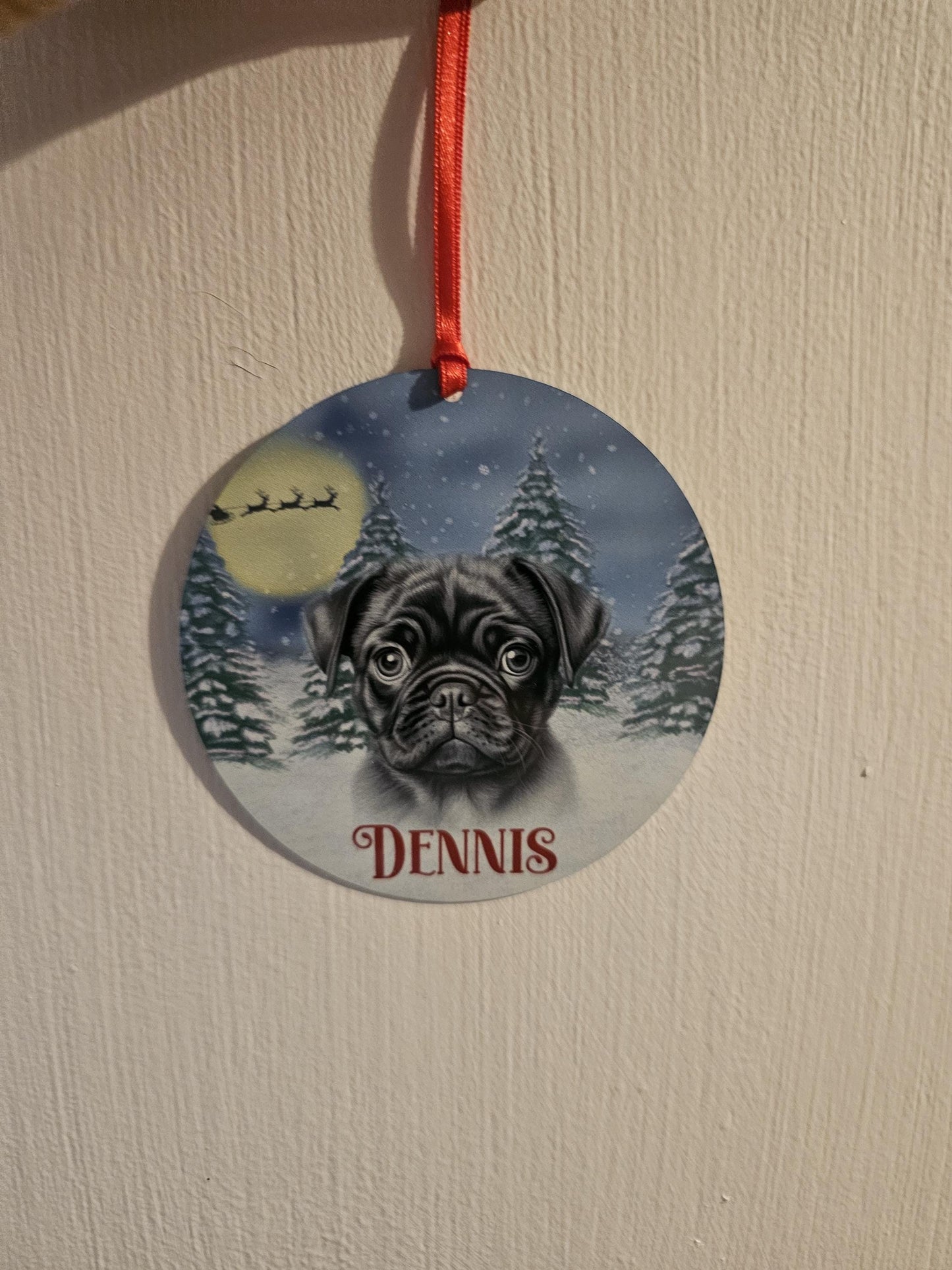 Personalised Christmas Black Pug Tree Decoration, Pug Metal Christmas Hanging Ornament