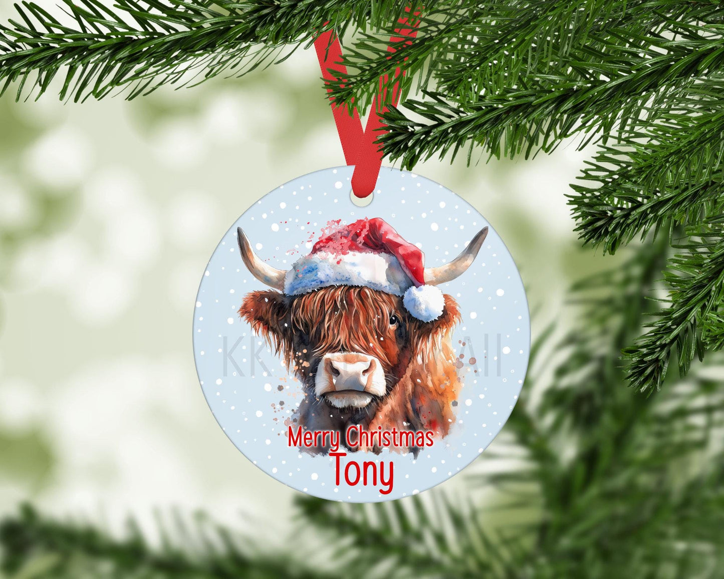 Personalised Highland Cow Christmas Tree Decoration, Cow Christmas Hanging Ornament