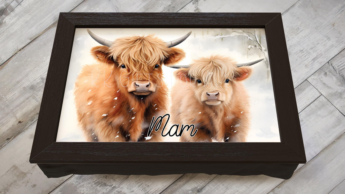 Highland Cows Lap Tray, Personalised Highland Cow Gifts, Winter Highland Cow Gifts