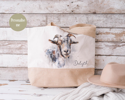 Farm Goat Jute Totebag, Large Canvas Bag, Cottagecore & Farmhouse Style Reusable Shopper Bag
